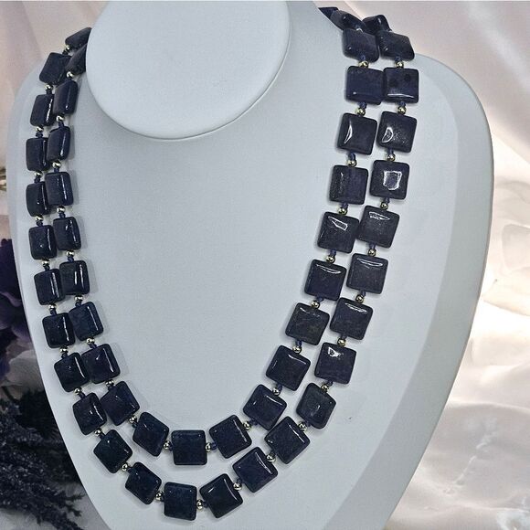 Natural Deep Blue Lapis Lazuli 12mm Flat Square Double Strand Necklace 14 Ct. Go - Picture 3 of 7